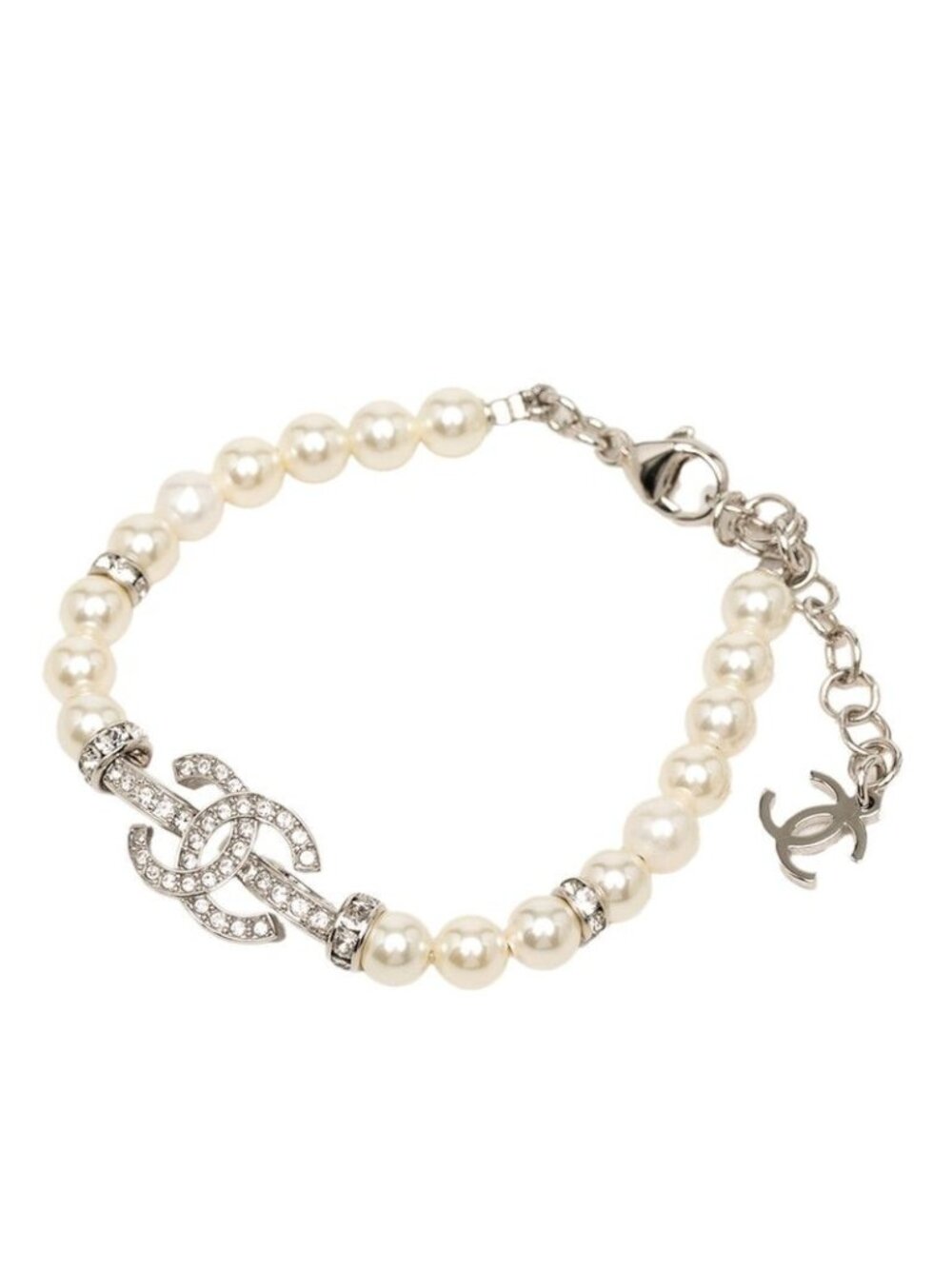 Chanel CC Logo Bracelet Faux Pearl Rhinestone Metal